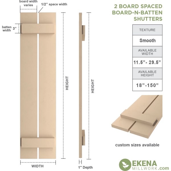 Rustic Two Board Spaced Board-n-Batten Smooth Faux Wood Shutters, 11 1/2W X 24H